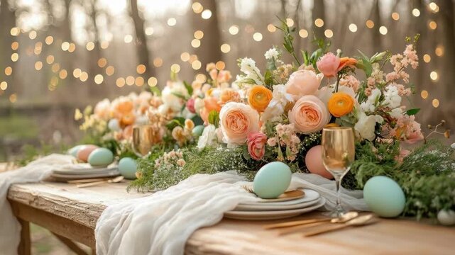 Elegant outdoors spring table setting with floral centerpiece and pastel easter eggs. Easter, Pascha, Paskha, Ostern, Pascua, Paques - Orthodox and Catholic Holiday celebration