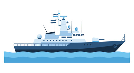 A stylized illustration depicts a navy warship sailing on blue water showcasing a bold silhouette high quality professional detailed modern elegant © Creativekhairul02