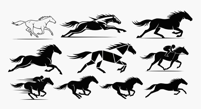 Collection of varied running horse silhouettes, including detailed black ink drawings, stylized geometric vector art, and a jockey riding for speed competition.
