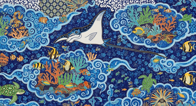 traditional Indonesian batik painting represents ocean ecosystem are a large stingray (manta), numerous species of fish, diverse coral, and aquatic plants typical of traditional javanese batik