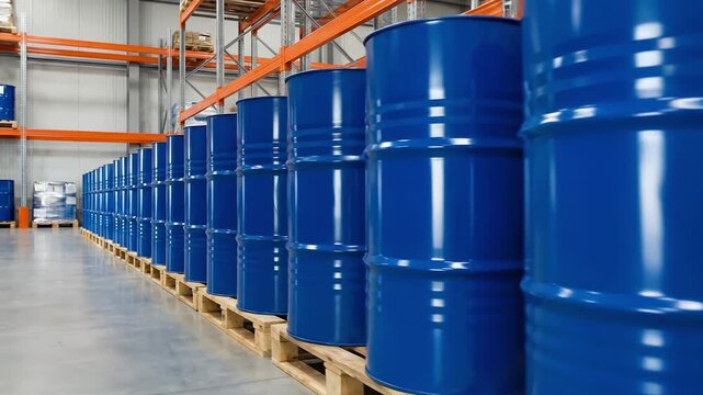 Rows of blue industrial barrels in a warehouse. Metal drums stored on wooden pallets in a logistics facility. Supply chain and storage concept