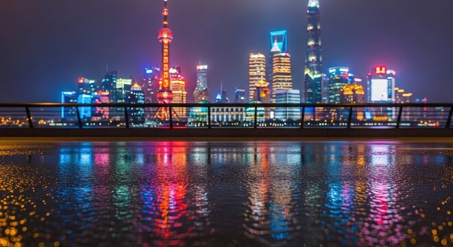 Vibrant Night Skyline of Shanghai with Reflecting Lights on the Huangpu River.