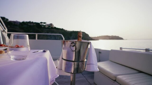 Elegant Champagne Bucket on Yacht Deck Overlooking Mediterranean Sea at Sunset