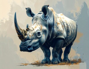 Fototapeta premium Large rhino with a prominent horn against abstract painted background