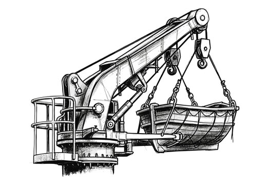 Detailed sketch of a ship's davit launching a lifeboat with intricate mechanical details