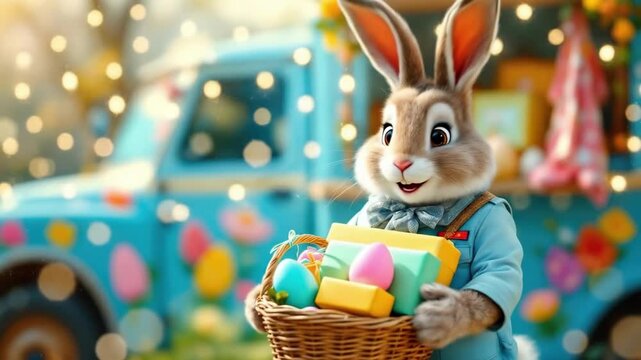 Adorable bunny in blue jacket holding basket of easter eggs and gifts. Easter, Pascha, Paskha, Ostern, Pascua, Paques - Orthodox and Catholic Holiday celebration