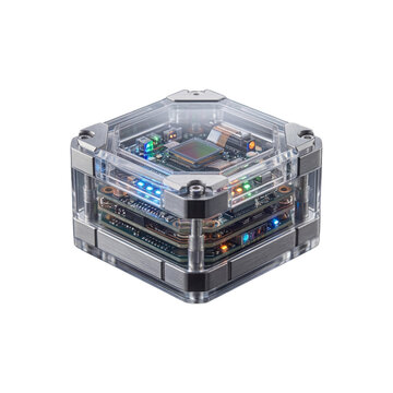 Compact cube-shaped electronic device with transparent casing revealing internal circuit boards and illuminated components.