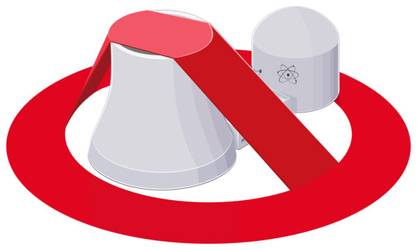 Isometric nuclear power plant with cooling tower and reactor marked by a red prohibition sign, representing nuclear phase-out, atomic energy ban, or environmental protest (cut out)