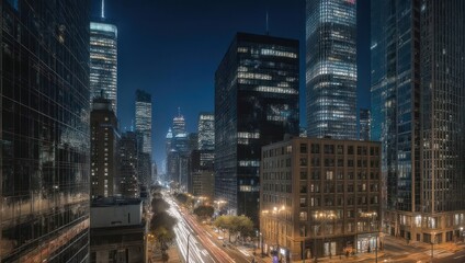 Obraz premium Nighttime cityscape with illuminated skyscrapers and blurred car light trails on a busy street.