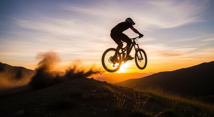 Obraz premium Mountain biker performs an impressive jump over a rugged ridge at sunset, showcasing extreme sports action while silhouetted against the glowing horizon in a display of athletic prowess and speed.