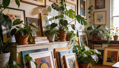 Naklejka premium Featuring potted plants and framed art filling mantel corner, with Monstera in terracotta pot
