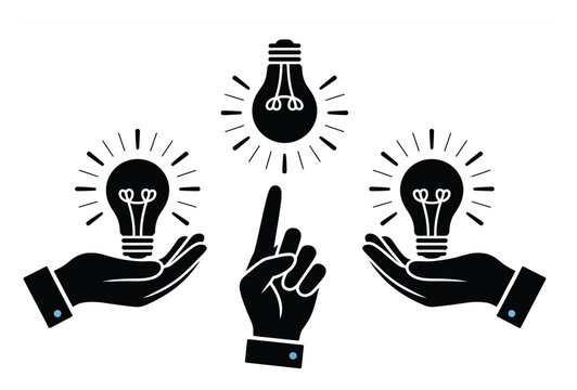 Hands holding lightbulbs with a pointing finger and a central idea