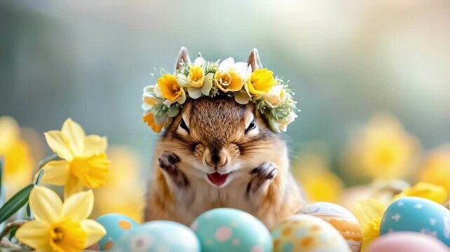 Adorable chipmunk with flower crown surrounded by colorful eggs and daffodils in spring setting. Easter, Pascha, Paskha, Ostern, Pascua, Paques - Orthodox and Catholic Holiday celebration