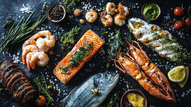 A variety of fresh seafood on a black surface