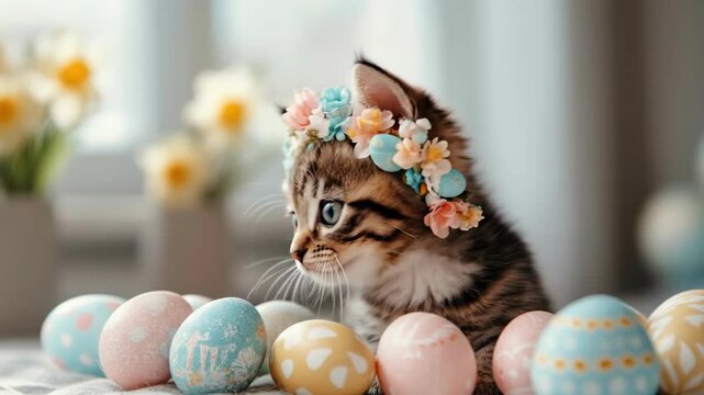 Cute kitten wearing flower crown surrounded by colorful easter eggs. Easter, Pascha, Paskha, Ostern, Pascua, Paques - Orthodox and Catholic Holiday celebration