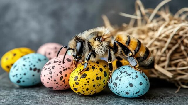 Bee interacting with colorful speckled eggs near nest. Easter, Pascha, Paskha, Ostern, Pascua, Paques - Orthodox and Catholic Holiday celebration