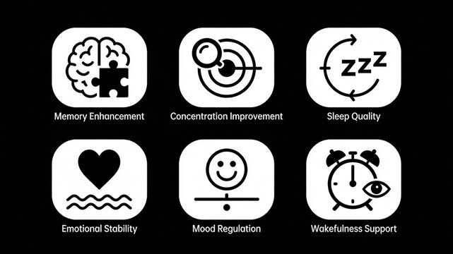 Brain function icons that enhance memory, improve focus, improve sleep, stabilize emotions, and regulate mood, promote comprehensive improvement of brain function, and promote brain health 