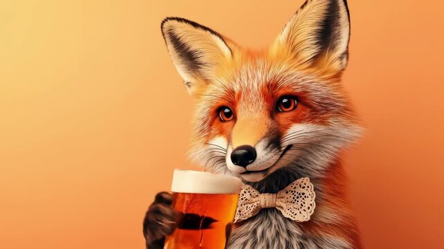 Adorable red fox with bowtie holding a glass of beer against a warm background. Saint Patrick's Day, St Paddy's Day, St Patty's Day - Irish National Holiday and Cultural Celebration