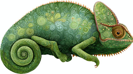 Obraz premium Intricate illustration of a green chameleon with detailed patterns and curled tail