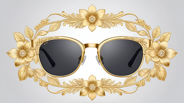 Luxury Gold Frame Sunglasses set with floral decorative ornament. Suitable for fashion branding, luxury design, accessories illustration, lifestyle graphics, etc