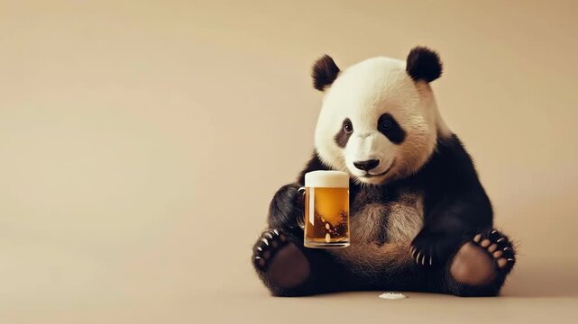 Adorable panda bear holding a beer mug and relaxing on a beige background. Saint Patrick's Day, St Paddy's Day, St Patty's Day - Irish National Holiday and Cultural Celebration