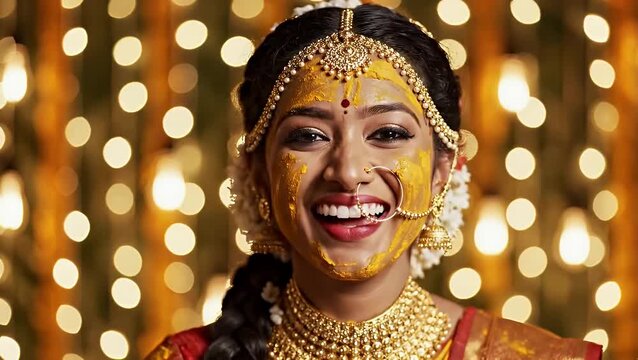 Smiling Indian bride with turmeric paste on face during Haldi ceremony, close-up view.