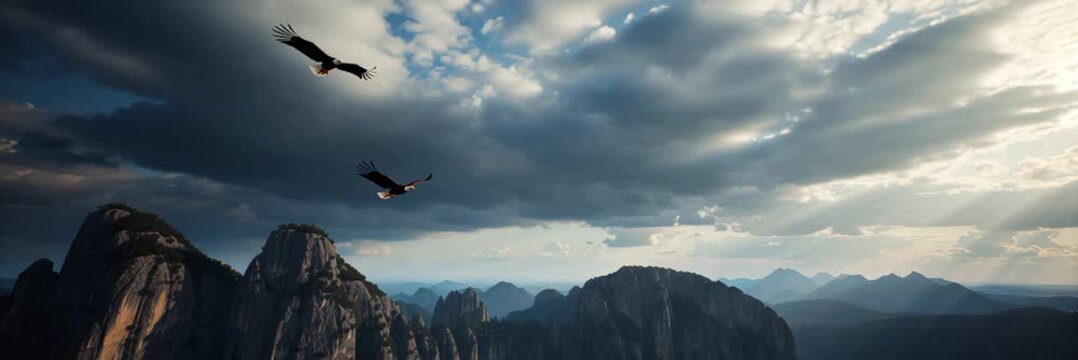 Eagles soaring over mountain landscape under cloudy sky in wide website banner format with copy space, freedom concept, patriotic spirit, outdoor travel.