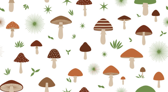 A seamless pattern of various mushrooms in earthy tones with leaves and abstract elements on a clean white background design.