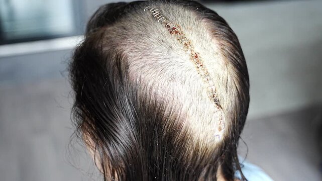 Woman carefully combing hair near surgical scar with staples after craniotomy for brain tumor removal. Postoperative care and recovery routine concept.