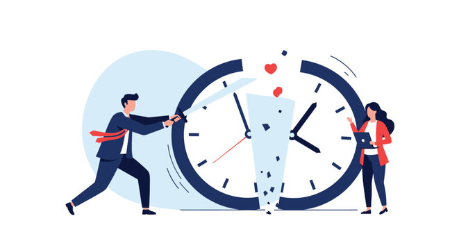 A business man with a sword slashes through a giant clock, representing concepts of time management, deadlines, and efficiency.