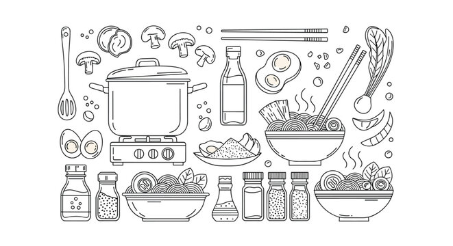 A large set of doodle-style line art illustrations showing all the ingredients and equipment needed for making ramen at home.