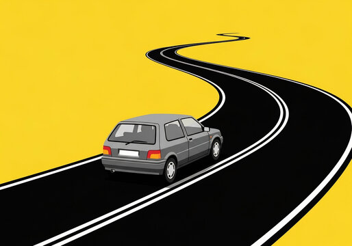車が走る道、黄色の背景にミニマルデザイン