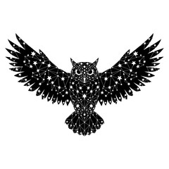 Fototapeta premium Cosmic Owl Silhouette with Stars and Constellations, Wing Spread