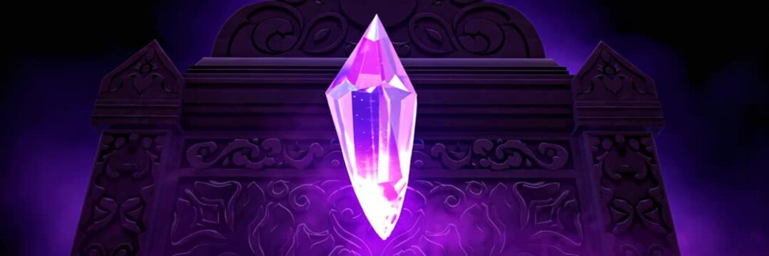 Glowing purple crystal on ancient chest in dark wide website banner format, mystical fantasy scene, magic power concept, halloween mood, mysterious ritual.
