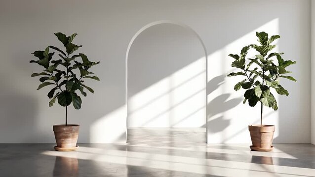 Two potted fiddle leaf fig plants in a bright, minimalist room with arched doorway and sunlight.