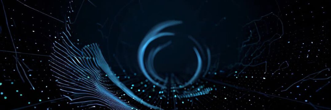 Abstract digital wave forming circular motion on dark background in wide website banner format with copy space, data flow concept, futuristic interface, technology visualization.