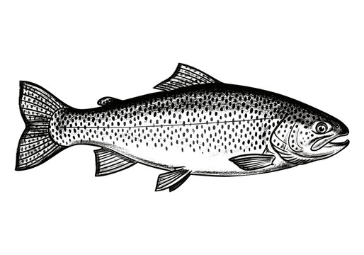 Detailed black and white illustration of a speckled trout fish swimming
