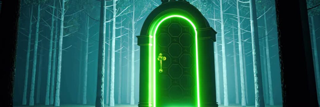 Neon glowing door in forest scene in wide website banner format with copy space, futuristic portal concept, mystery entrance, digital world.