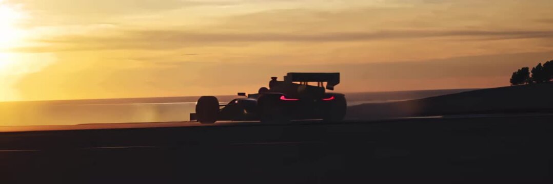 Formula racing car driving on track at sunset in wide website banner format with copy space, speed concept, motorsport competition, high performance vehicle.