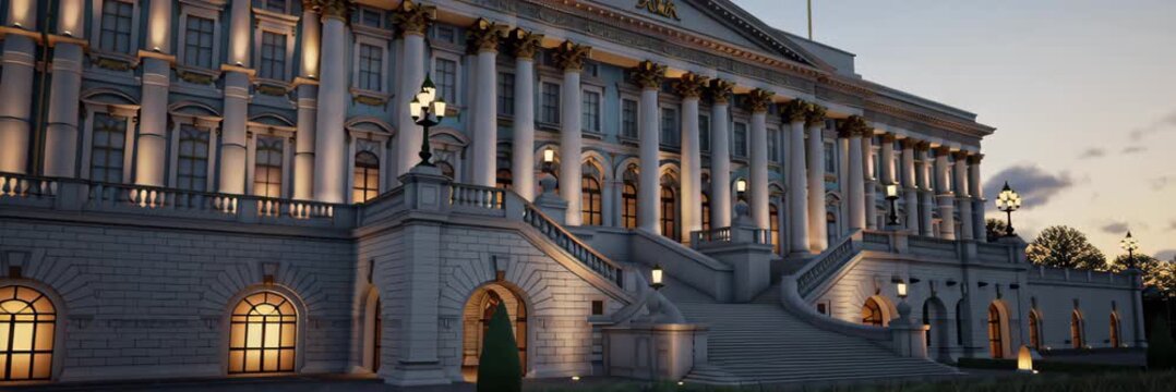 Classical historic building with columns and facade in wide website banner format with copy space, architecture concept, landmark exterior, urban heritage.