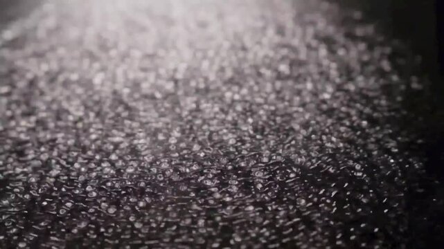 Abstract pattern of light reflecting on a dark, textured surface with water droplets