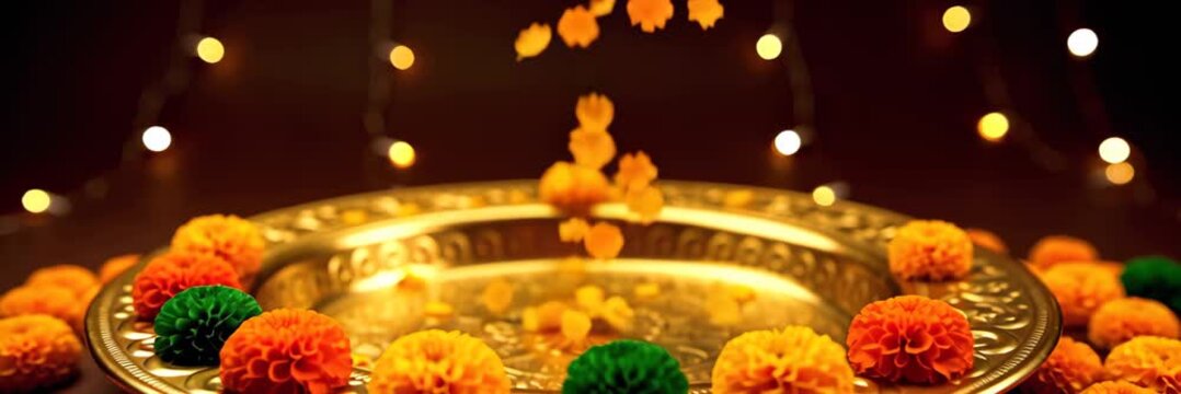 Diwali festival oil lamps and flowers on tray in wide website banner format with copy space, indian celebration, festive decoration, light concept.