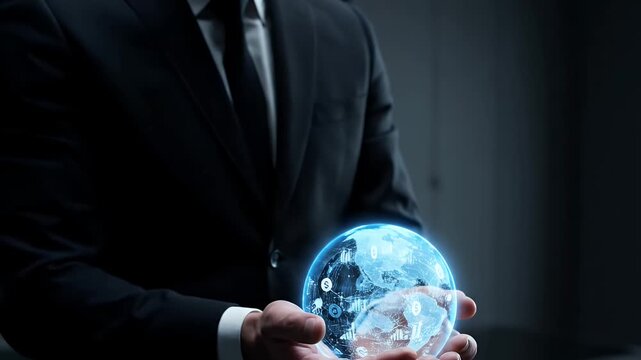 Businessman Holding Futuristic Holographic Globe in Hands.