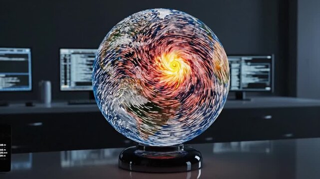 Futuristic Holographic Sphere Displaying Energy Vortex Simulation on Modern Technology Desk