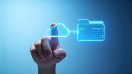 Finger touching cloud storage folder icon,online data backup and file management concept with glowing virtual interface for cybersecurity and digital transformation
