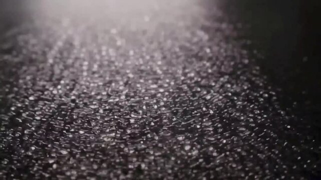 Abstract pattern of light reflecting on a dark, textured surface with water droplets