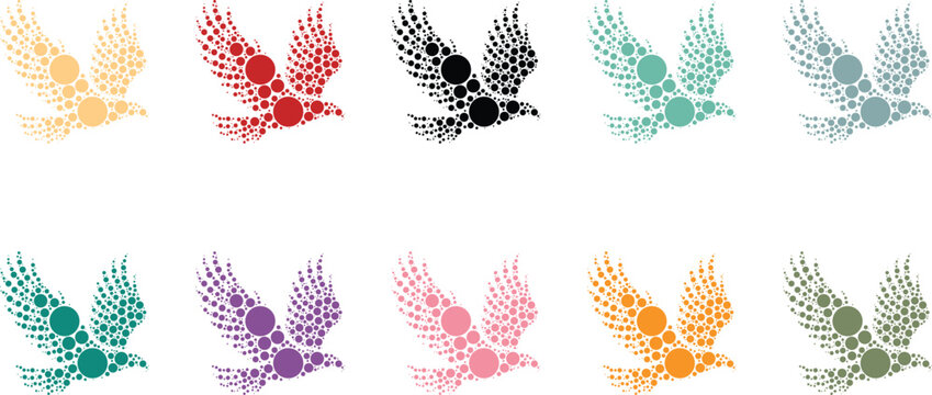 Flying Bird Circle Pattern White Background, Colorful Bird Dot Design Abstract Nature Background