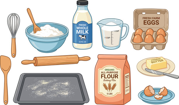 Collection of baking ingredients and kitchen tools, flour milk eggs butter flat vector illustration set