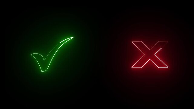 Minimal glowing neon check and cross symbols on dark background. Clean UI feedback animation for accept reject actions, digital interfaces, apps and modern presentations.