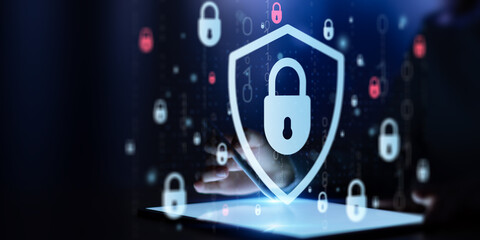 Fototapeta premium Digital Data Protection Interface Showing Secure Access and Cybersecurity Shield.